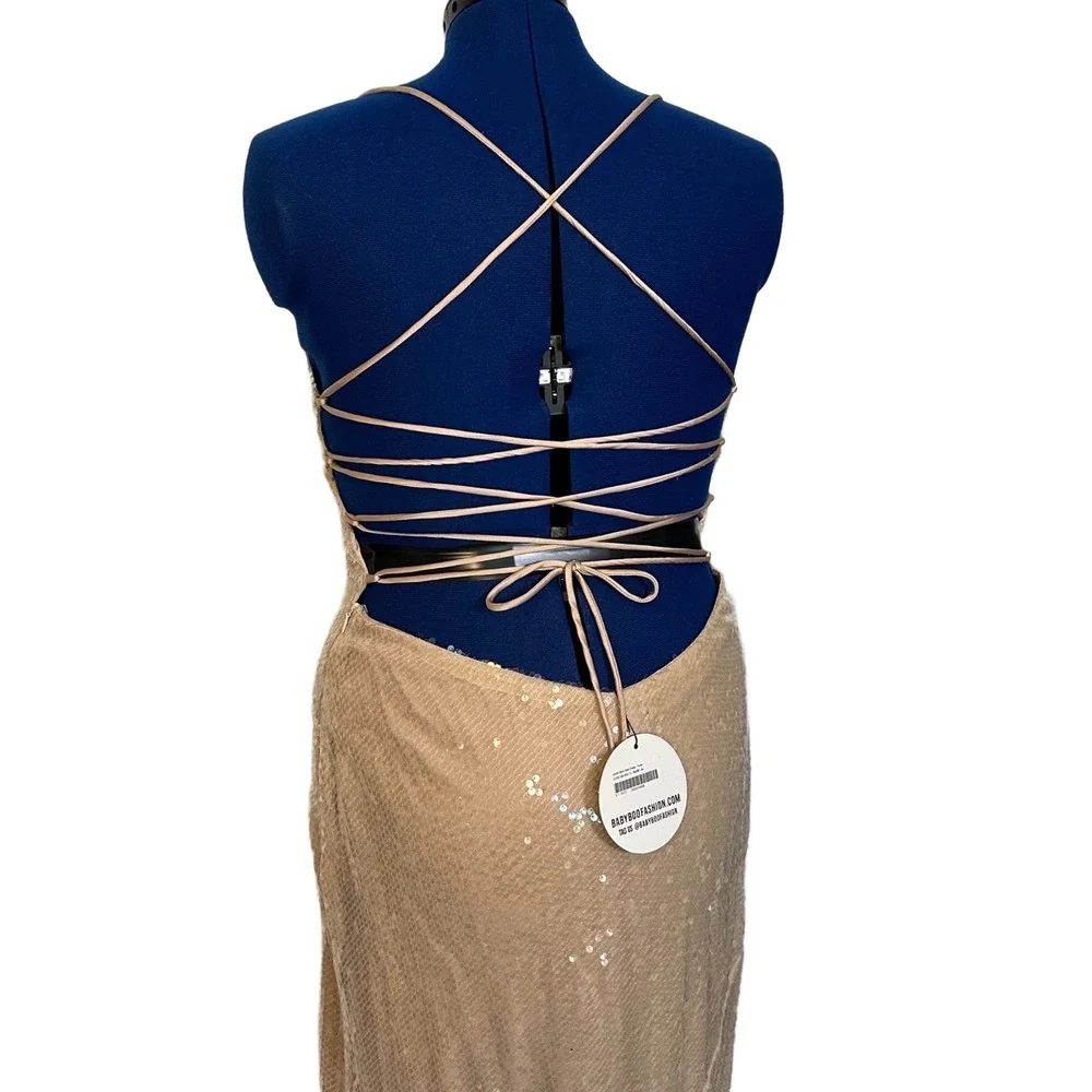 Babyboo Bells Maxi Dress Sequin Lace Up Back XL Nude Formal Prom BBF3507-D